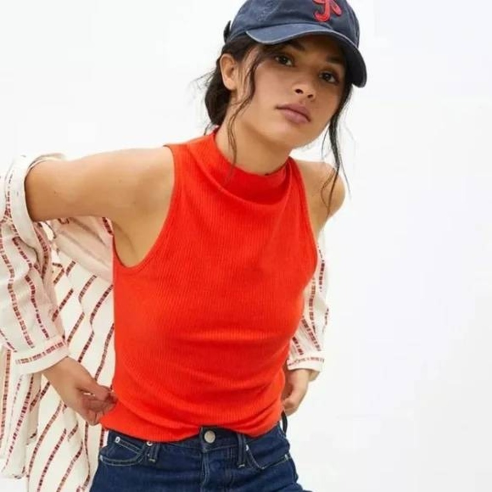 Maeve Anthropologie Vibrant Orange Ribbed Mock Neck Sleeveless Knit Top XL Layer